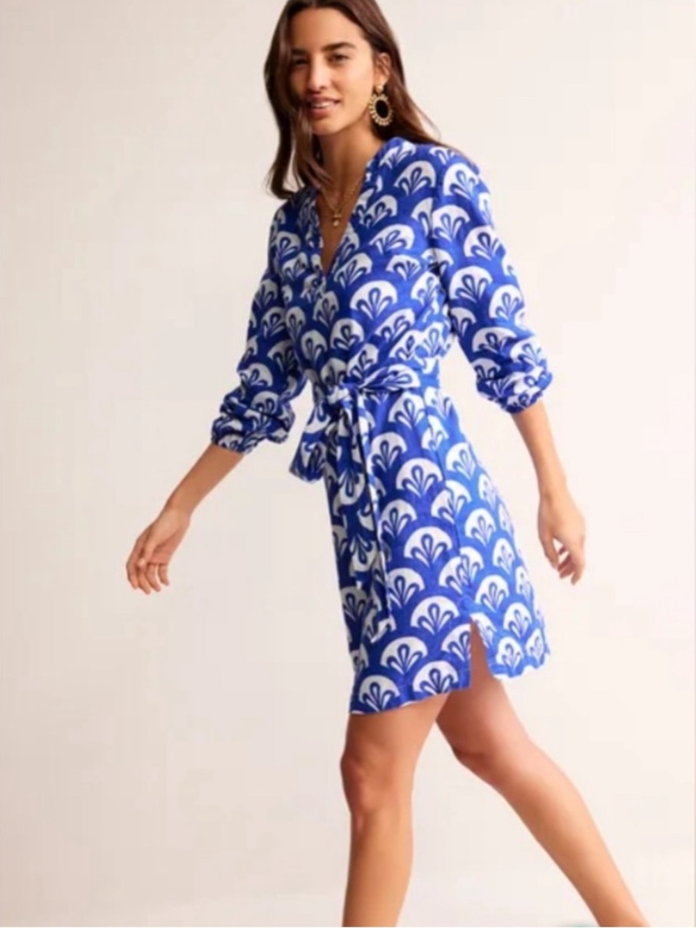 Boden Cleo Linen Dress, Size 14, Blue and White Geometric
